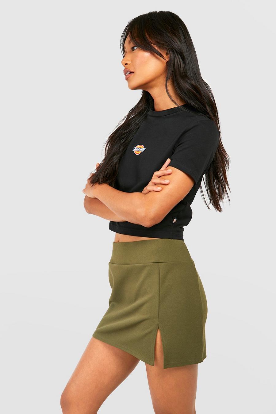 Khaki Deep Waistband Thigh Split Crepe Mini Skirt image number 1