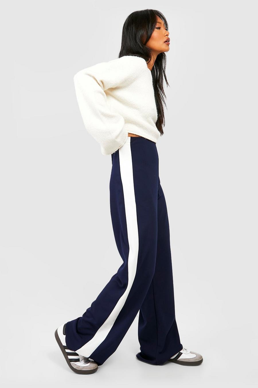 Navy Side Stripe High Waisted Crepe Trousers image number 1