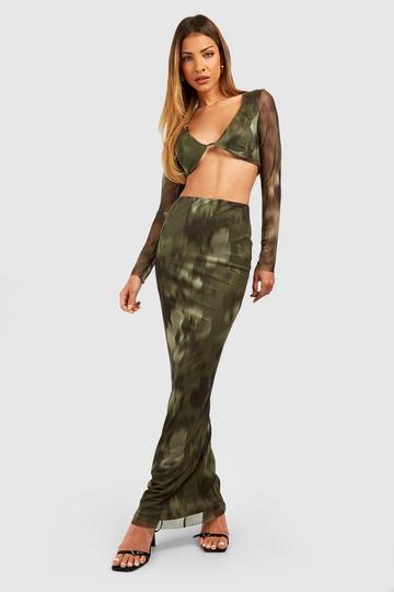 Blurred Floral Mesh Bralette & Maxi Skirt khaki