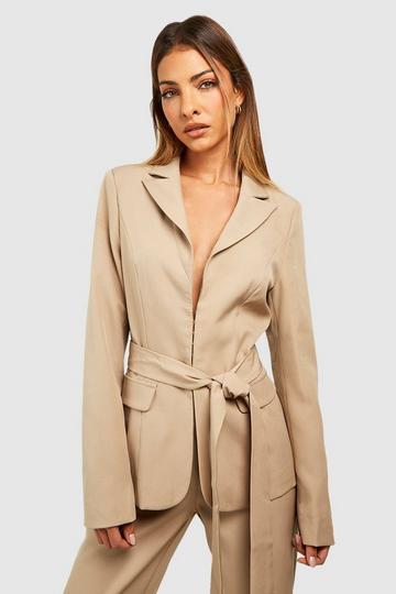 Stone Beige Tailored Tie Waist Fitted Blazer