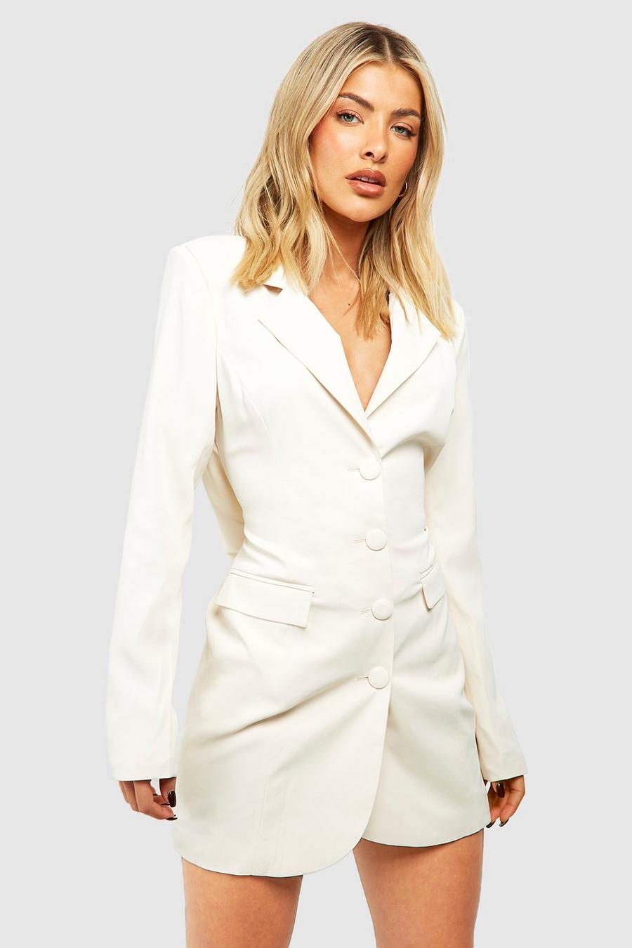 Cream white Tailored Low Cowl Back Fitted Blazer Dress