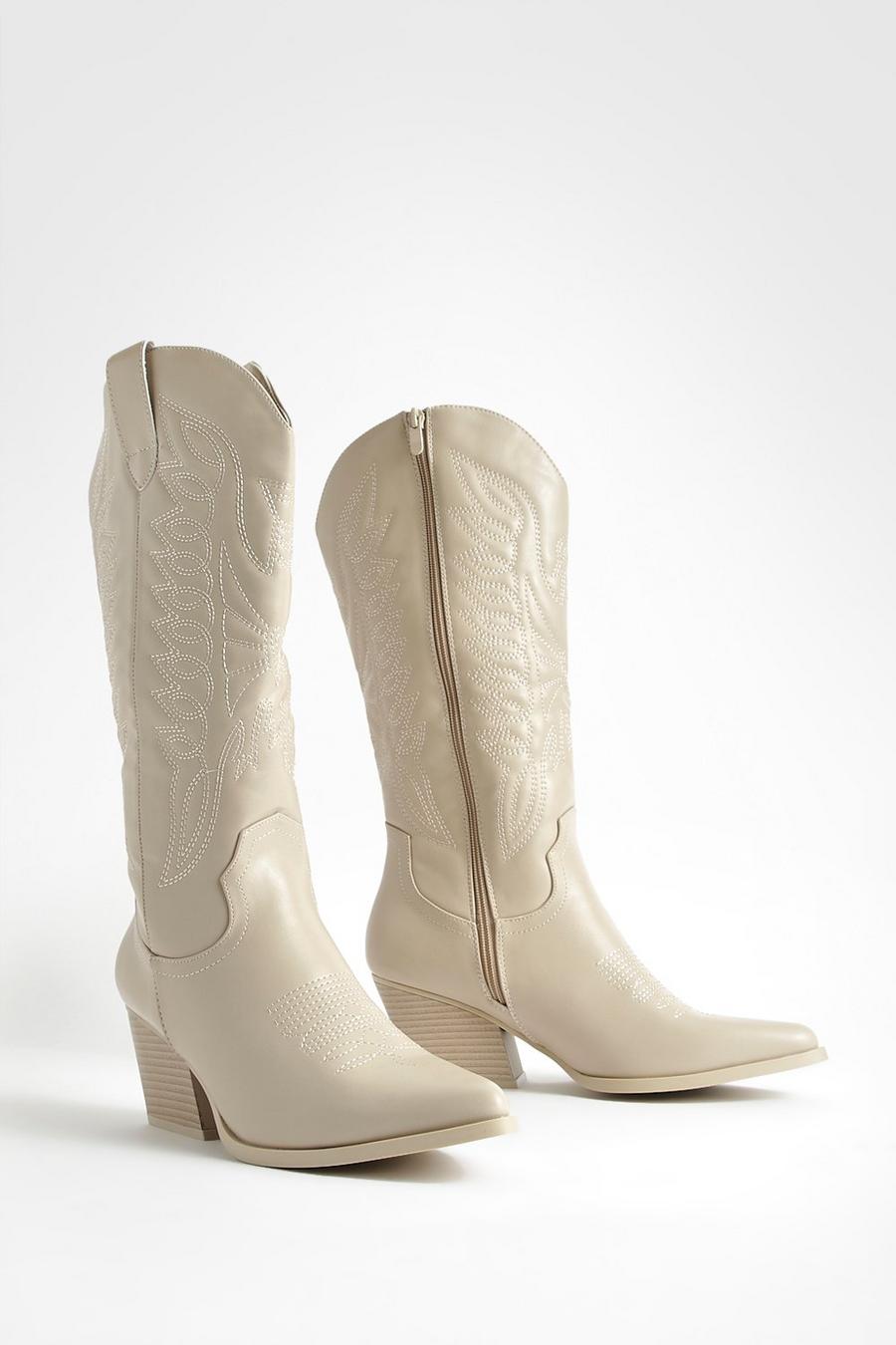 Beige Tonal Embroidered Western Cowboy Boots image number 1