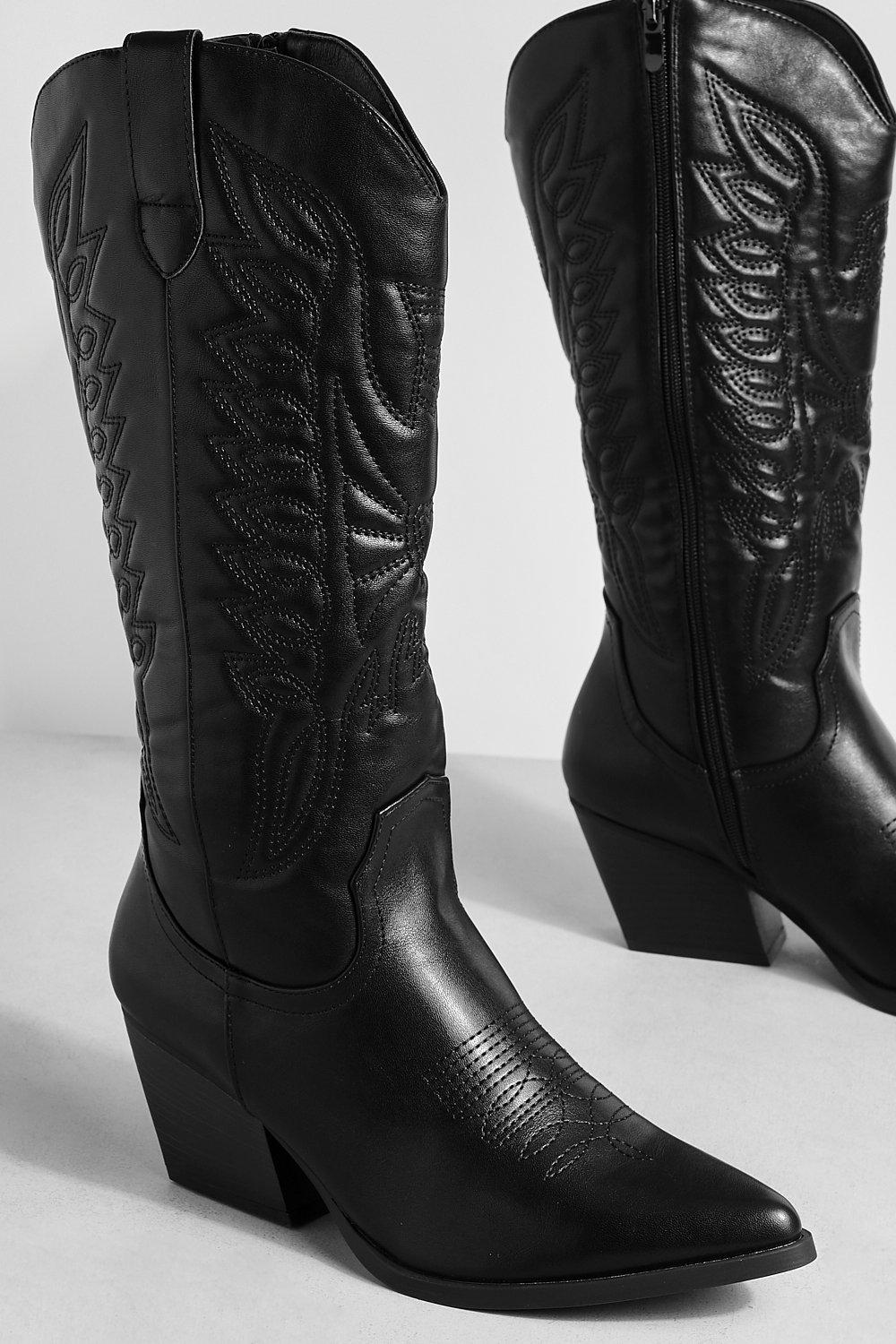 Boohoo - Tonal Embroidered Western Cowboy Boots - Black - Size 3