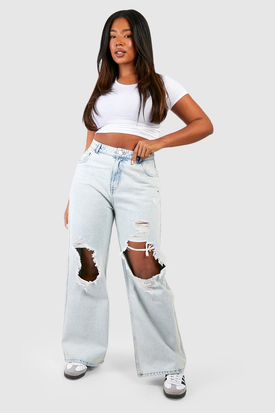 Plus Bleach Wash Super Distressed Relaxed Straight Leg Jeans