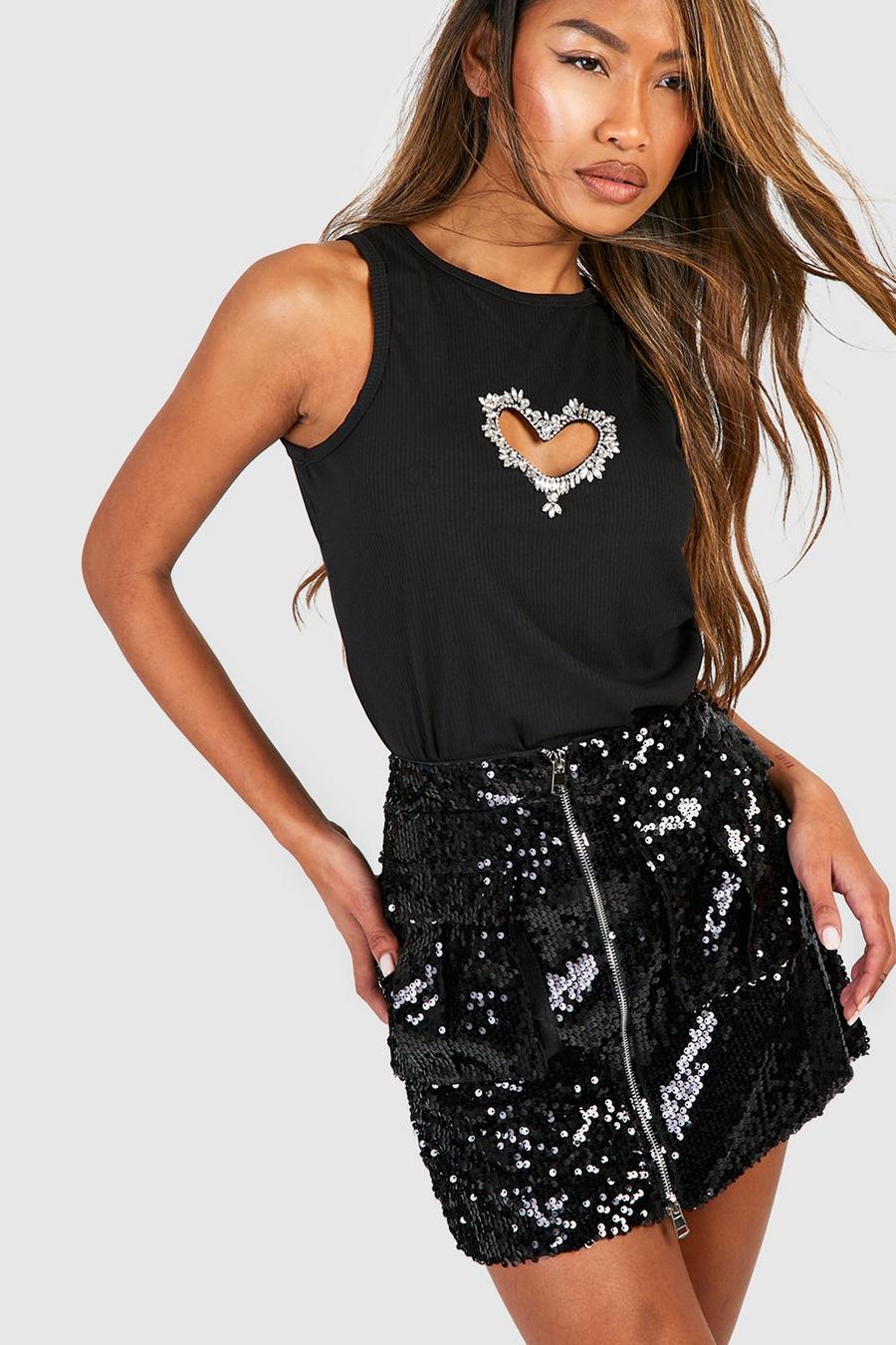 Black Heart Rhinestone Cut Out Racer Tank image number 1