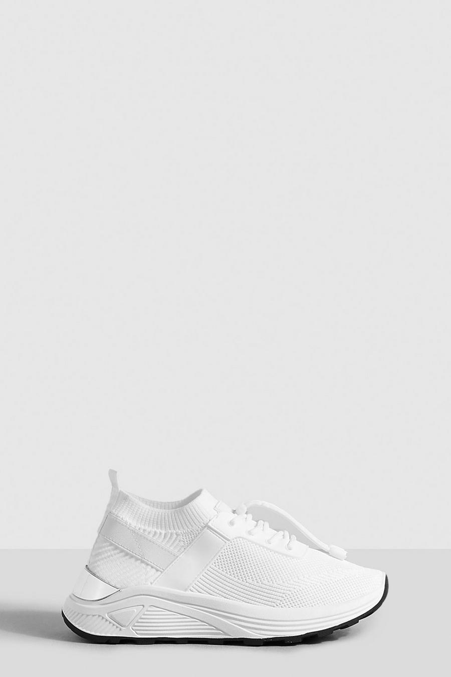 Zapatillas deportivas de tela con cordones cruzados, White bianco