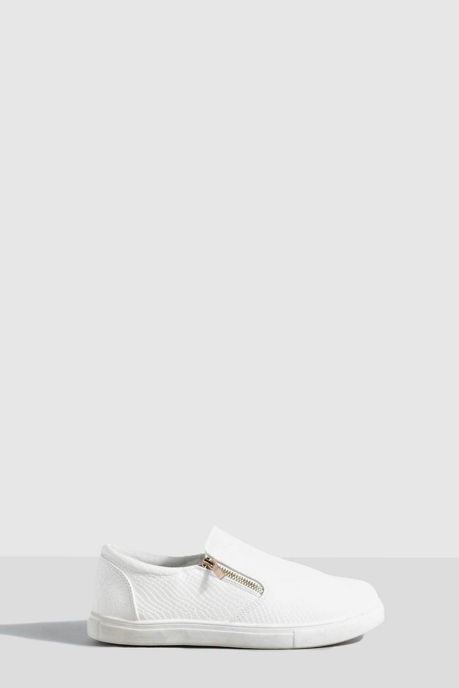 White Wide Fit Snakeskin Zip Detail Slip On Trainers image number 1