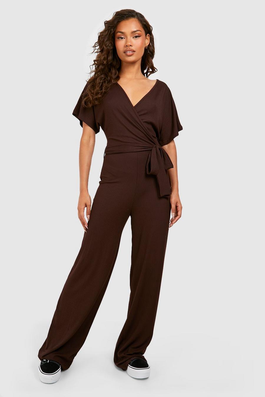 Chocolate brown Brushed Rib Wrap Front Jumpsuit