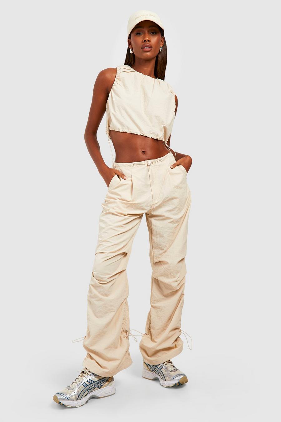 Stone Ruched Drawcord Parachute Cargo Pants image number 1