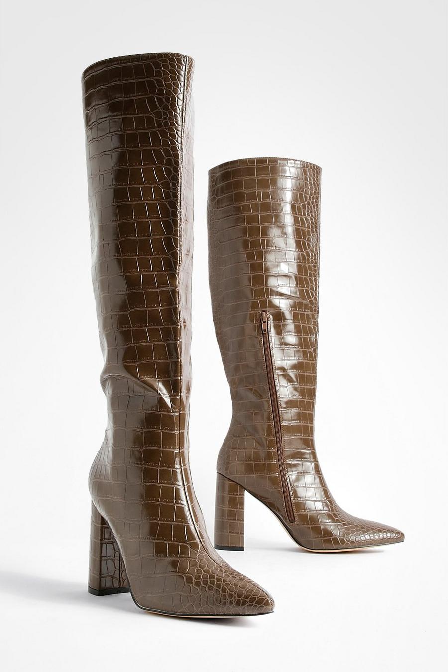 Chocolate Croc Block Heel Pointed Toe Knee High Boots       image number 1