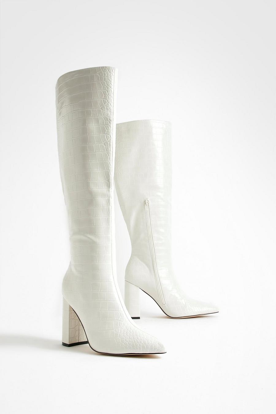 White Croc Block Heel Pointed Toe Knee High Boots      