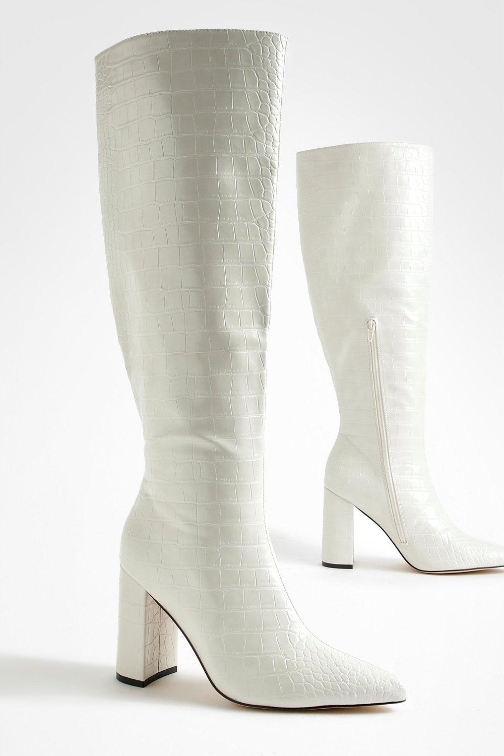 White Croc Block Heel Sock Boots