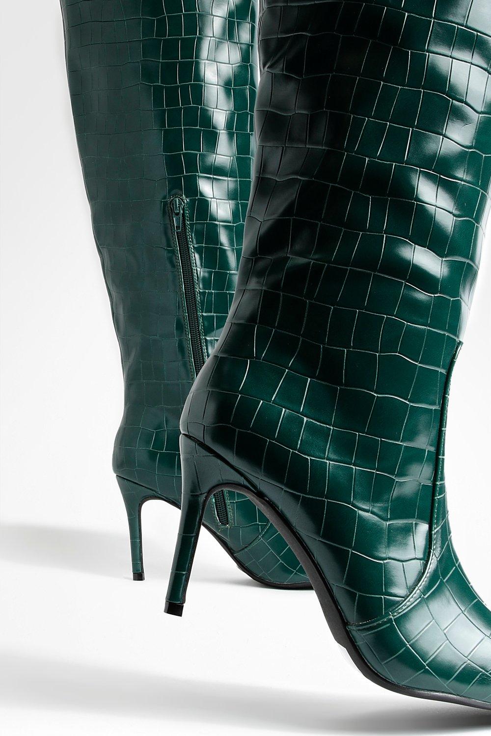 Green croc knee online high boots