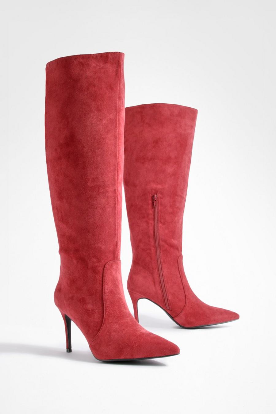 Red Stiletto Pointed Toe Knee High Boots     