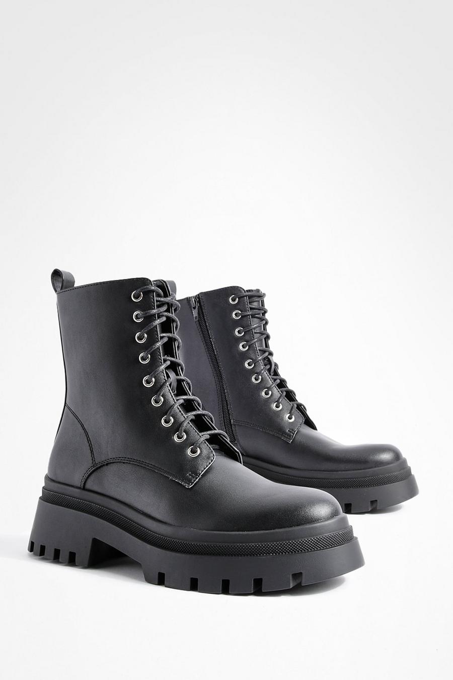 Black Split Sole Chunky Tab Detail Combat Boots image number 1