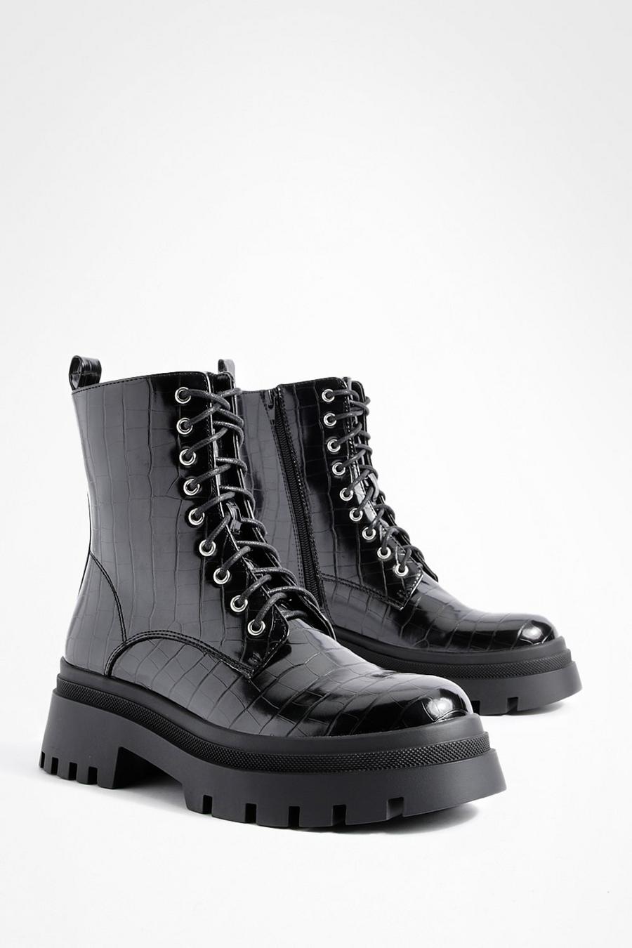 Black Split Sole Croc Chunky Tab Detail Combat Boots image number 1