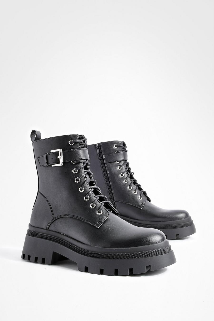 Black Buckle Detail Chunky Combat Boots image number 1