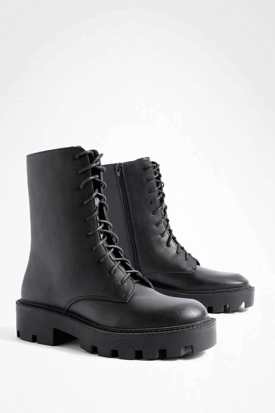 Black High Leg Chunky Lace Up Combat Boots image number 1