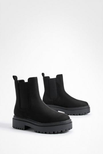 Black Faux Suede Stepped Sole Chunky Chelsea Boots