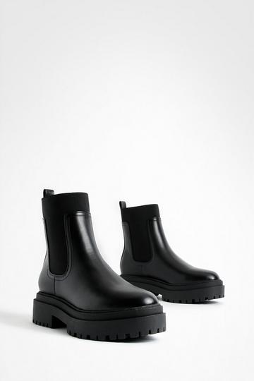 Black Stretch Panel Chunky Chelsea Boots