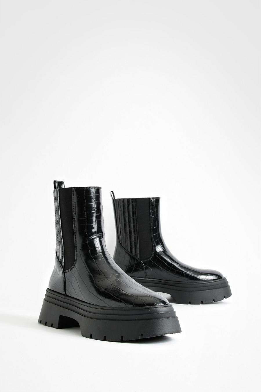 Black Double Sole Croc Chunky Chelsea Boots 