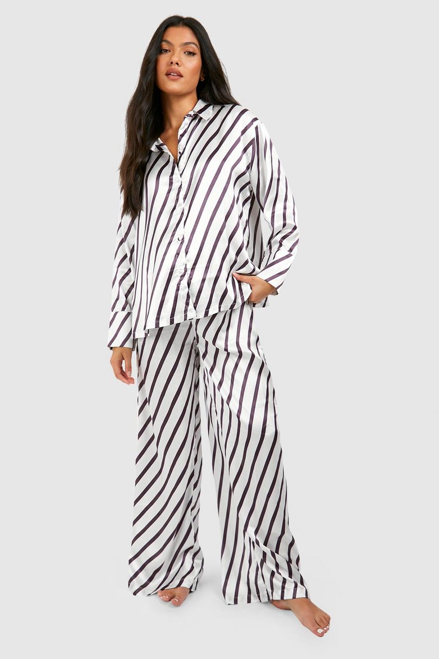 Cream Maternity Oversized Tonal Stripe Pajama Set image number 1