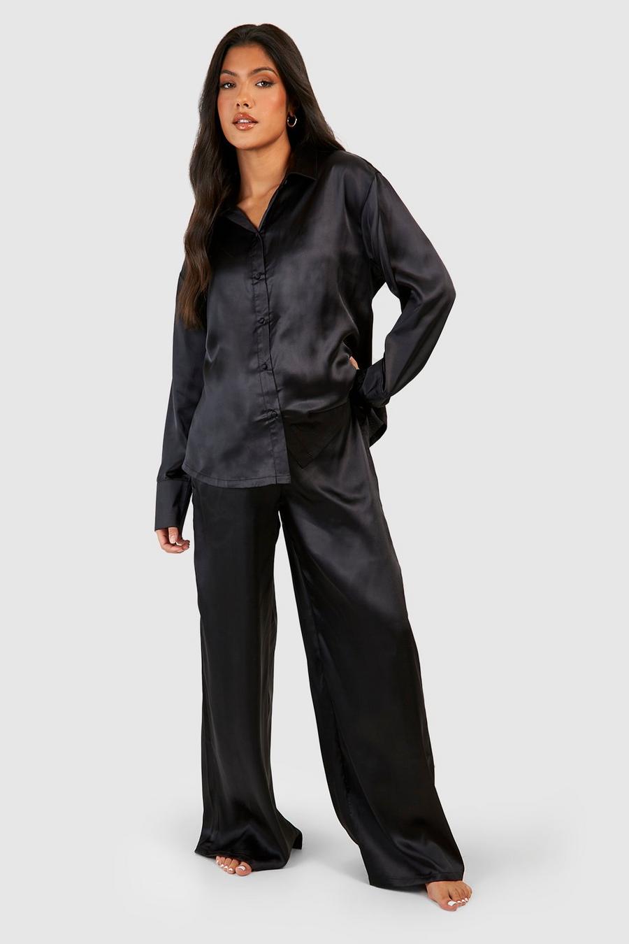 Umstandsmode Oversize Satin Pyjama-Set, Black schwarz