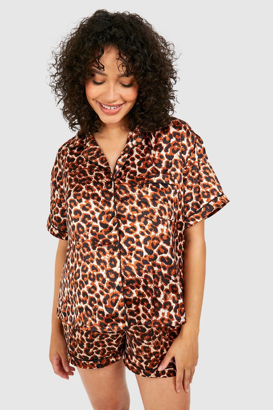 Brown Maternity Satin Leopard Sleepwear Short Set