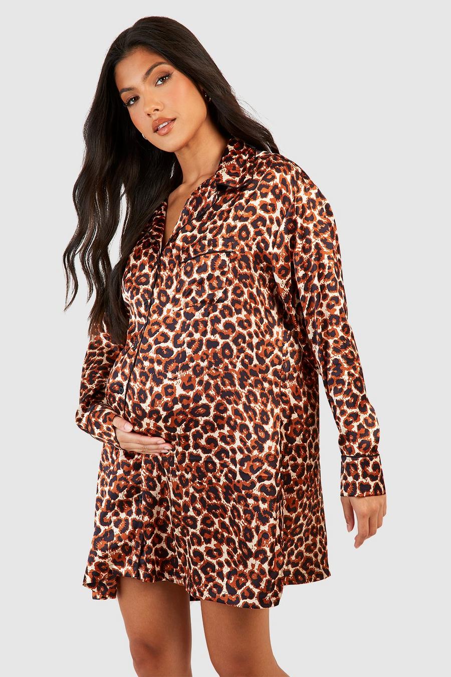 Umstandsmode Oversize Nachthemd mit Leopardenprint, Brown marron