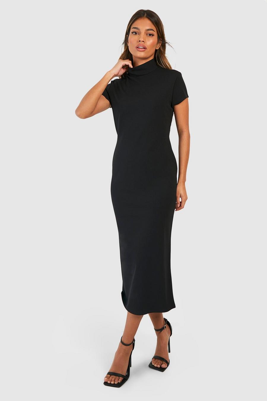 Black Crepe High Neck Midaxi Dress image number 1