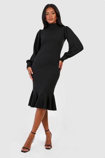 High Neck Frill Hem Midi Dress black