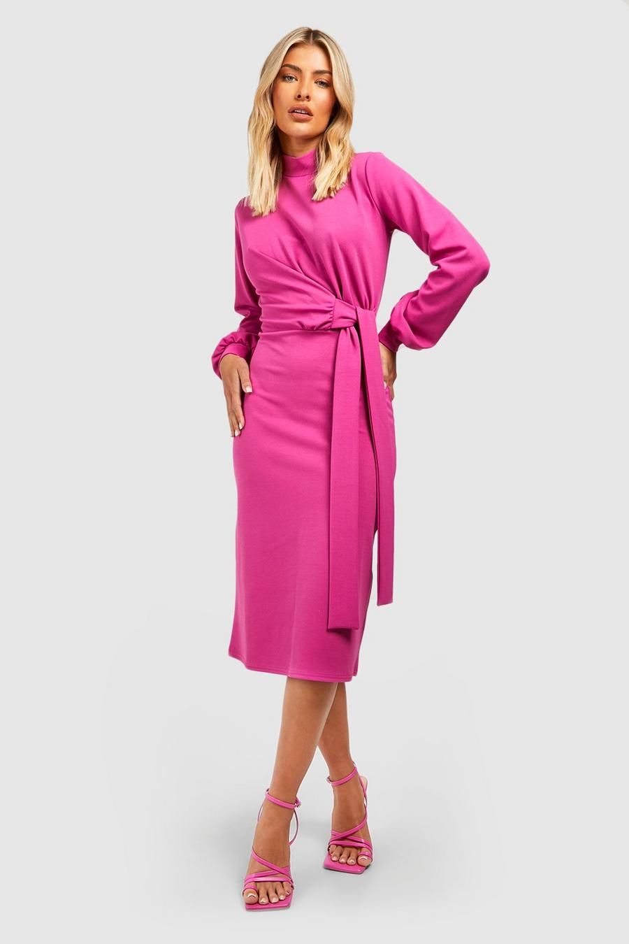 Raspberry pink Volume Sleeve Tie Waist Midi Dress
