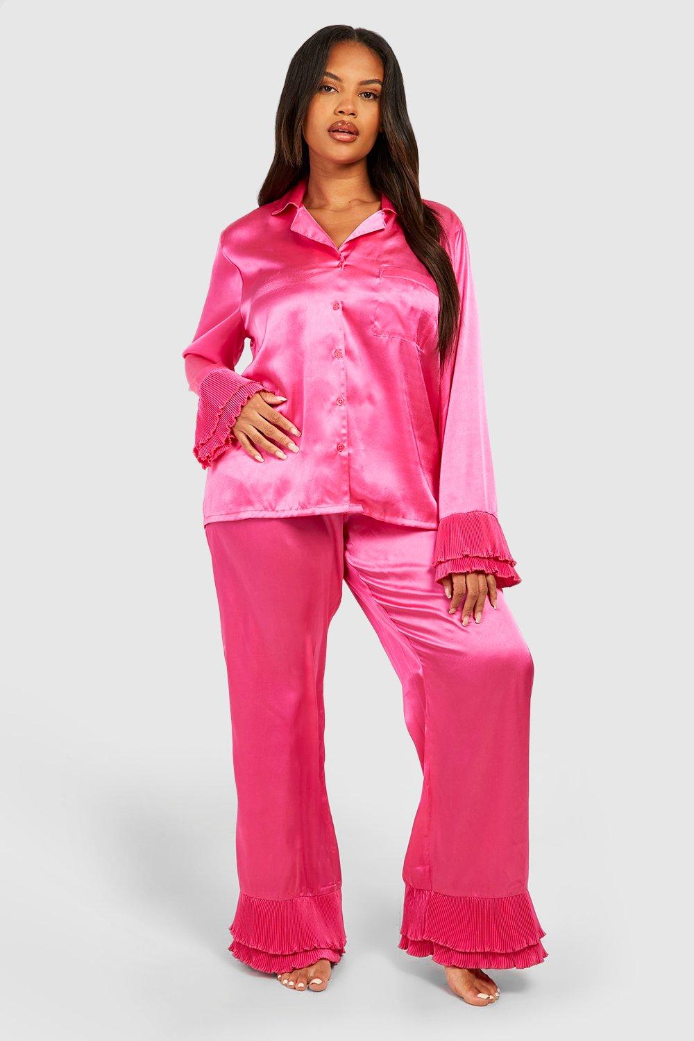 Plus Pleated Frill Satin Shirt Pants Pajama Set