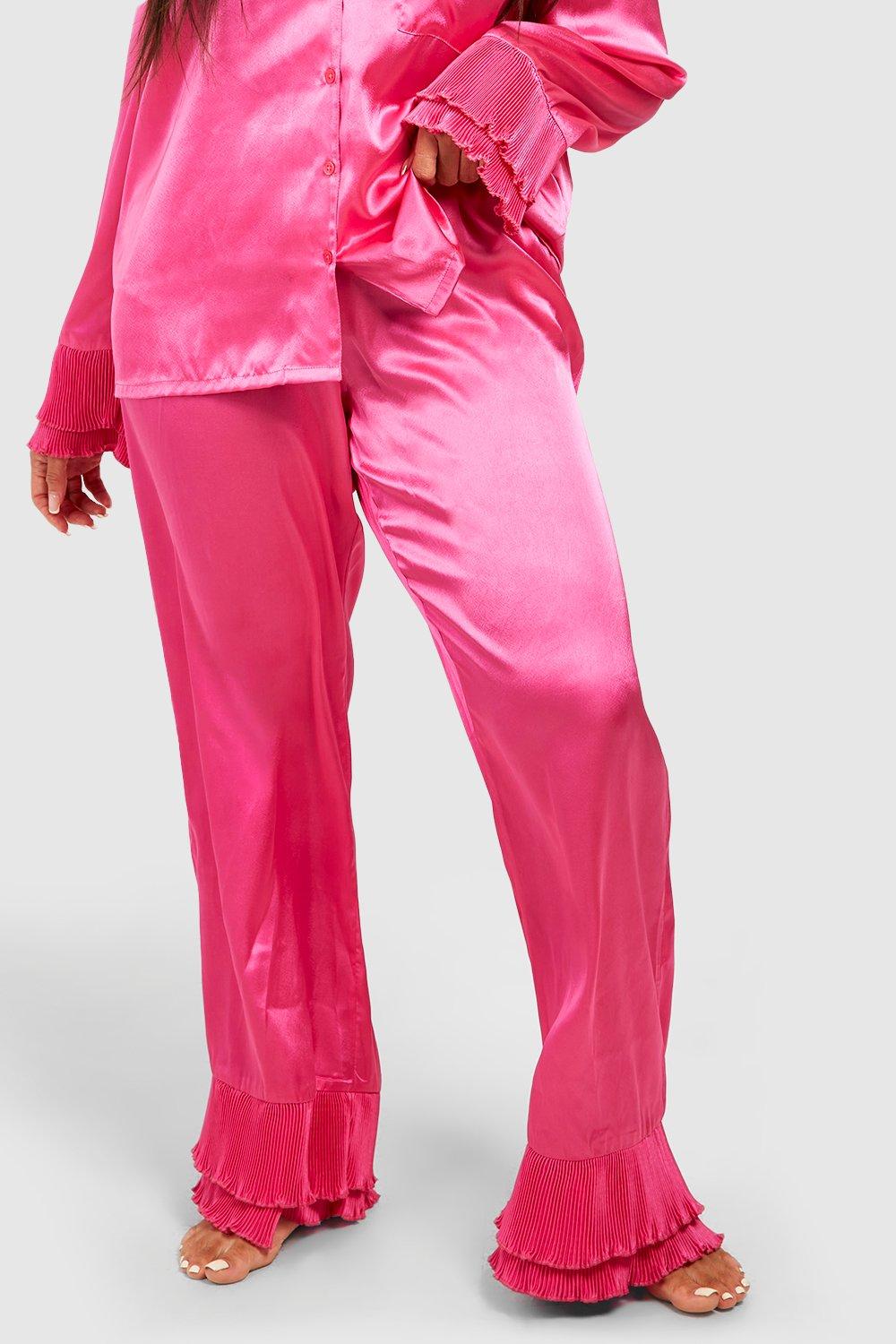 Plus Pleated Frill Satin Shirt & Pants Pajama Set