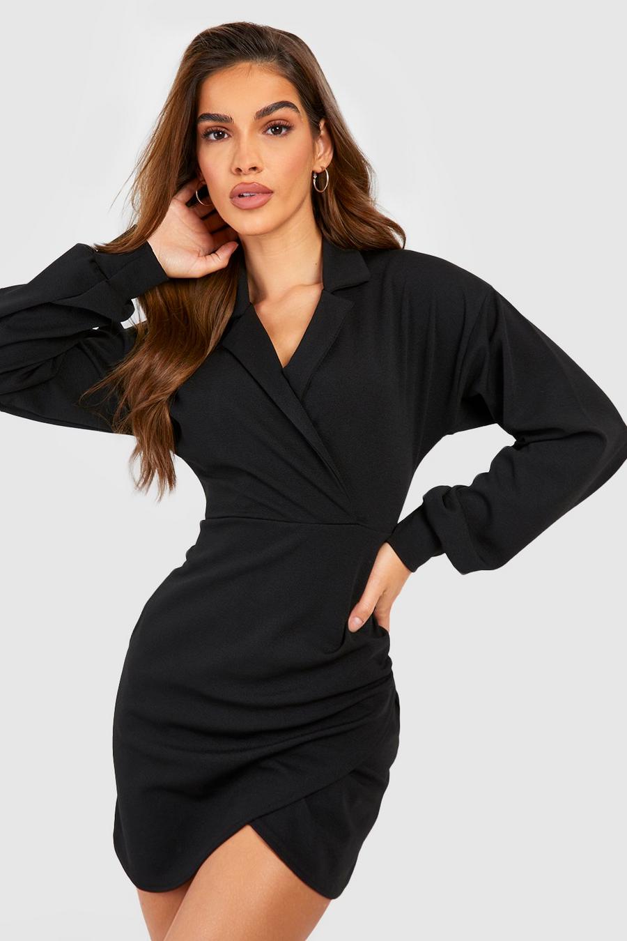 Black Crepe Volume Sleeve Wrap Front Shirt Dress