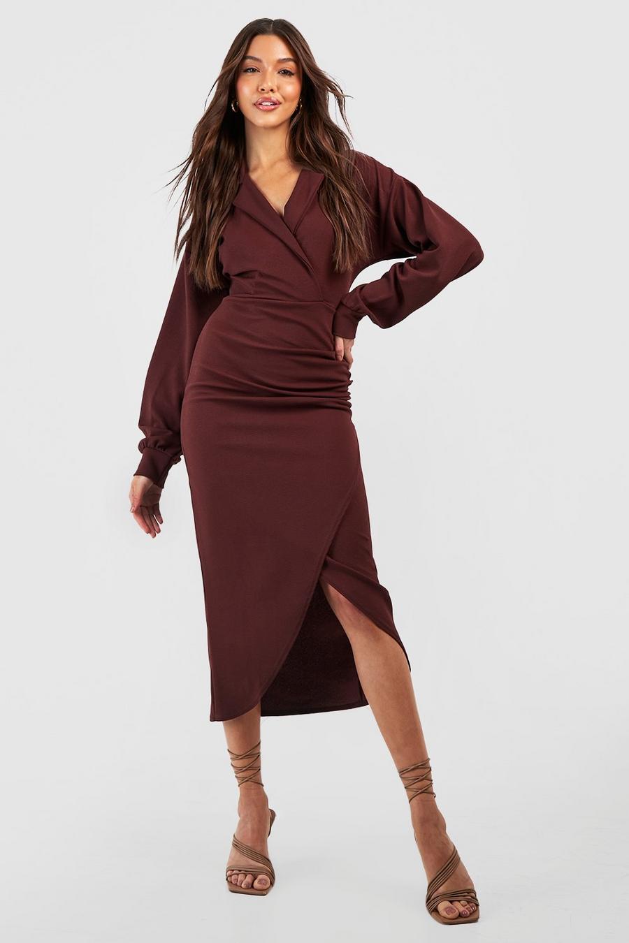 Chocolate Crepe Puff Sleeve Wrap Front Midi Shirt Dress