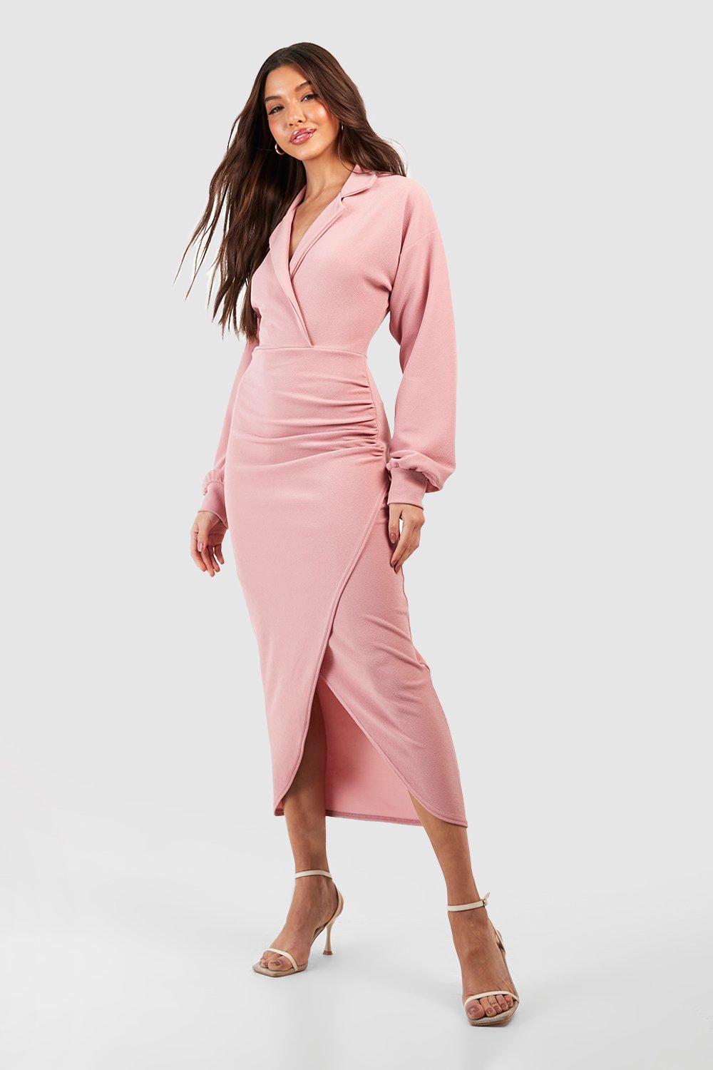売れ筋商品|||オルセン カットソー トップス レディース Women's Embroidered Split V-Neck T-Shirt Misty rose Crepe Volume Sleeve Wrap Front Midaxi Shirt Dress | boohoo