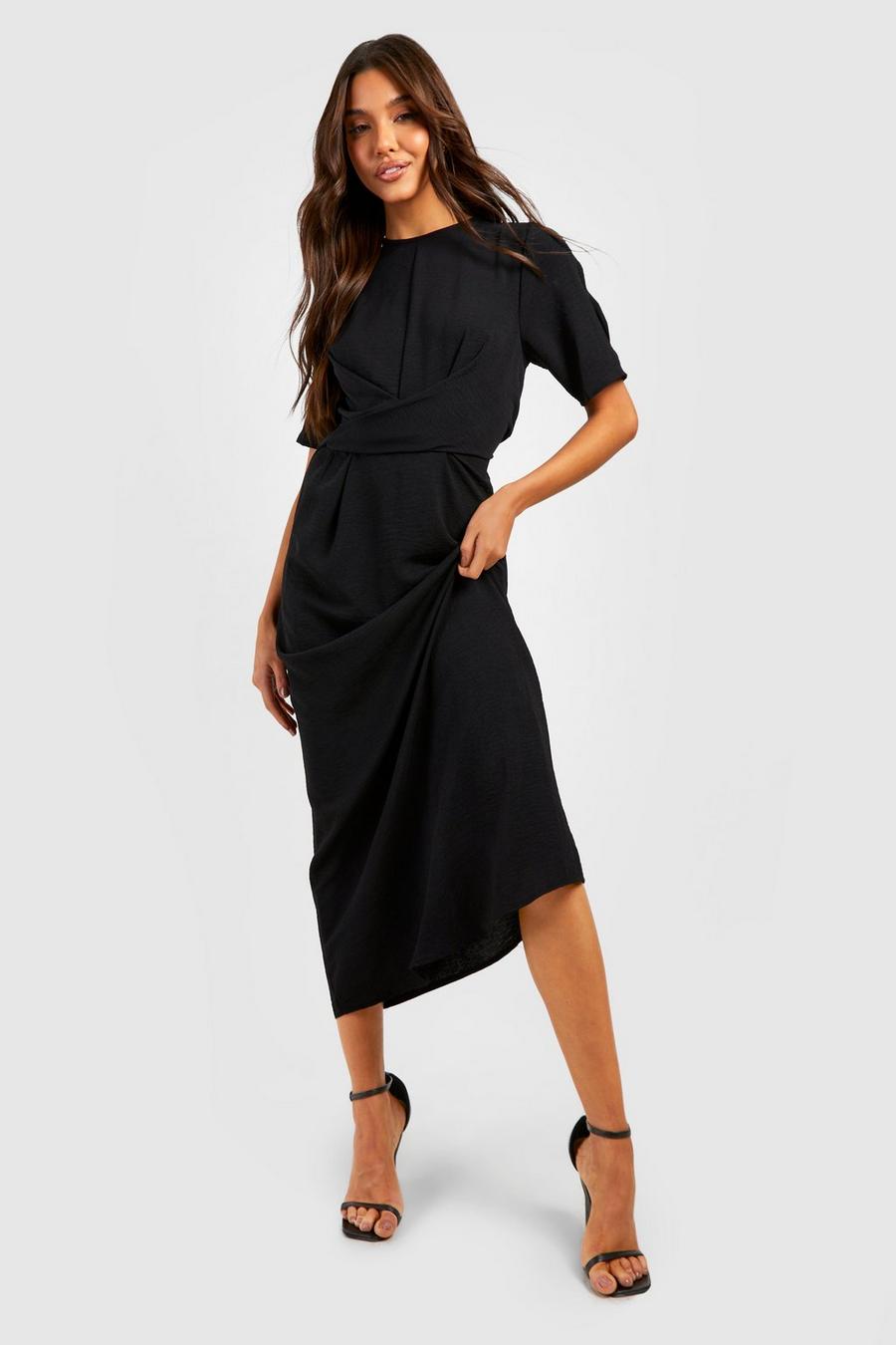 Black Hammered Knot Front Midaxi Dress