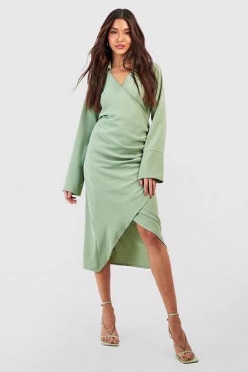 Khaki Hammered Wrap Front Ruched Side Shirt Dress