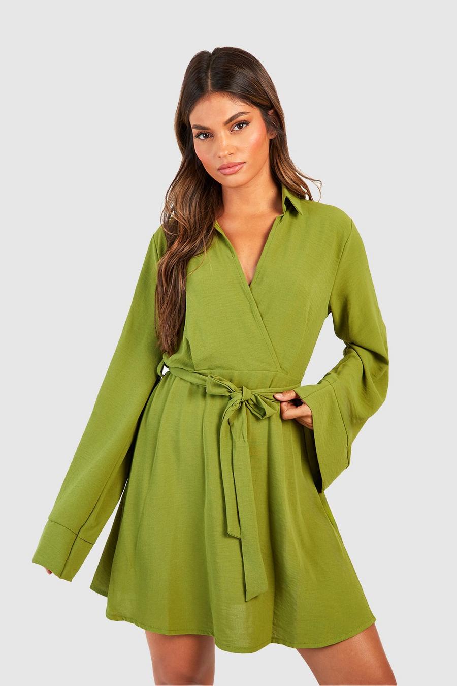 Olive Hammered Flared Sleeve Tie Waist Shirt Dress