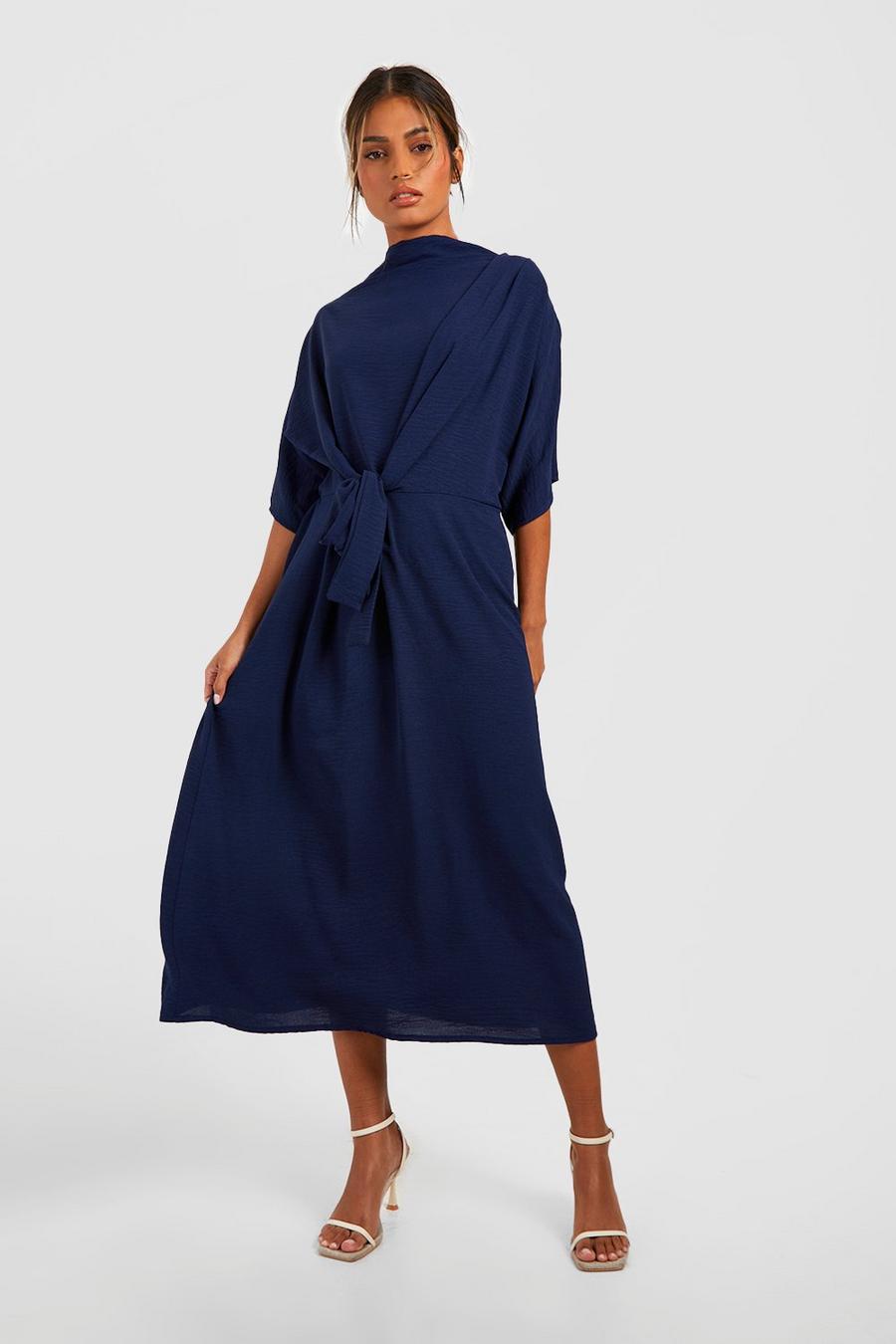 Navy Hammered Knot Front Cowl Neck Midi Dress image number 1