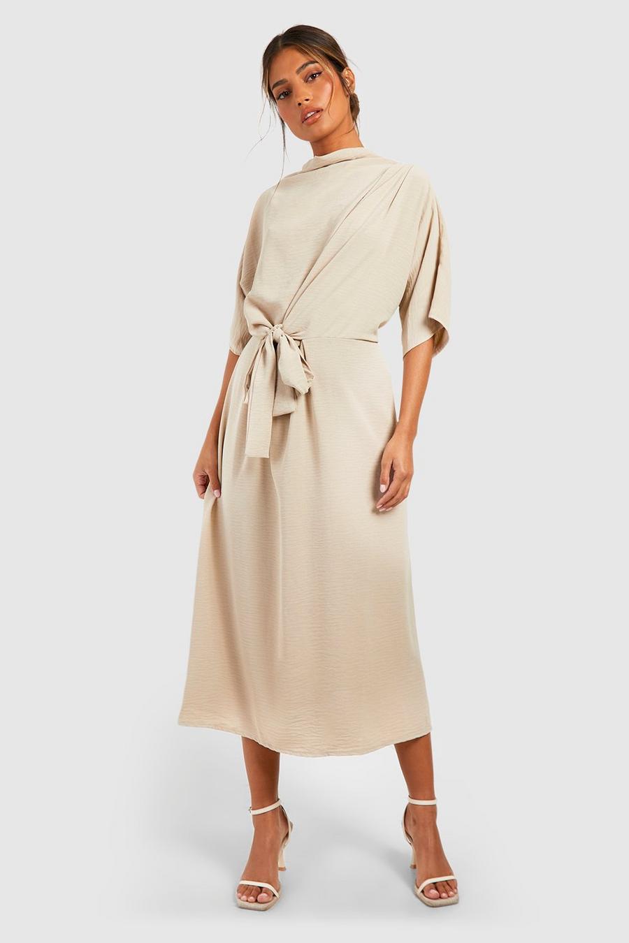 Taupe Hammered Knot Front Cowl Neck Midi Dress image number 1