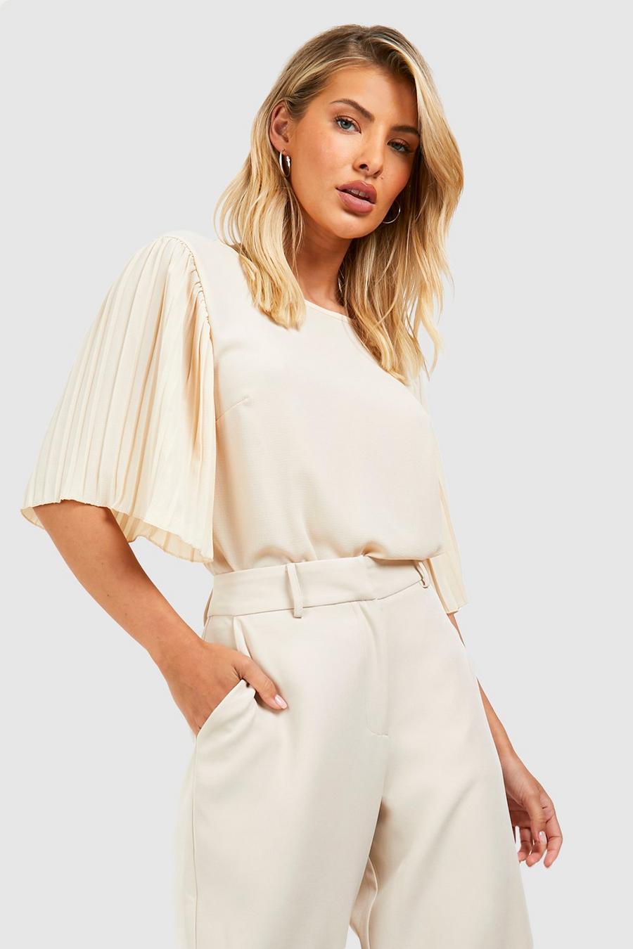 Cream Pleat Sleeve Woven Blouse image number 1