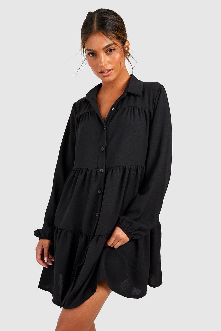 Black Tiered Smock Shirt Dress image number 1