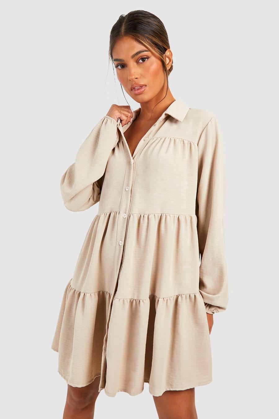 Taupe Tiered Smock Shirt Dress image number 1