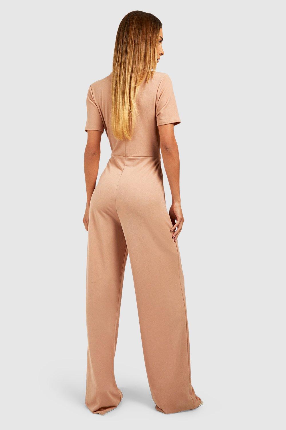 Missguided Maternity wide leg jumpsuit with short sleeve in camel