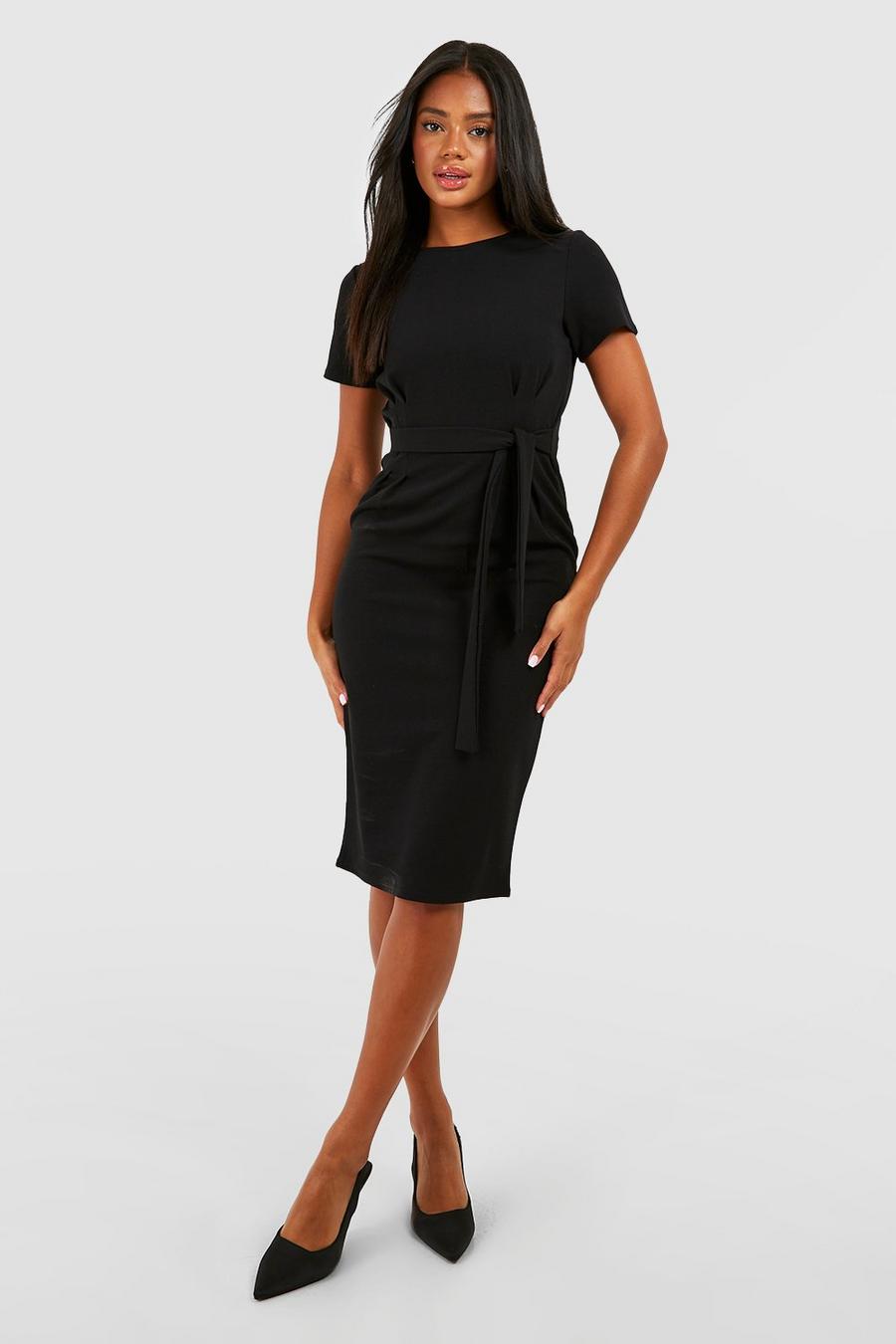 Black Jersey Crepe Pleat Front Belted Midi Dress
