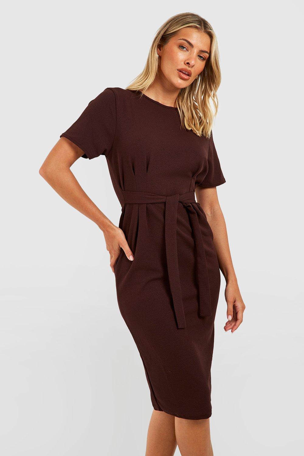 Jersey Crepe Pleat Front Belted Midi Dress boohoo AU