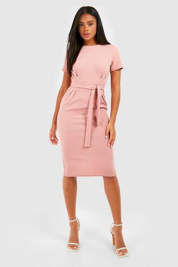 Jersey Knit Crepe Pleat Front Belted Midi Dress rose