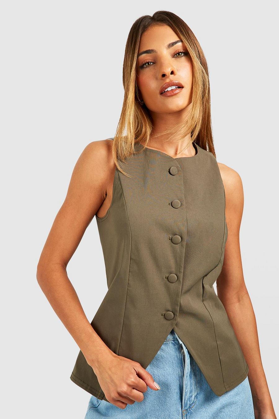 Khaki Self Fabric Button Front Vest